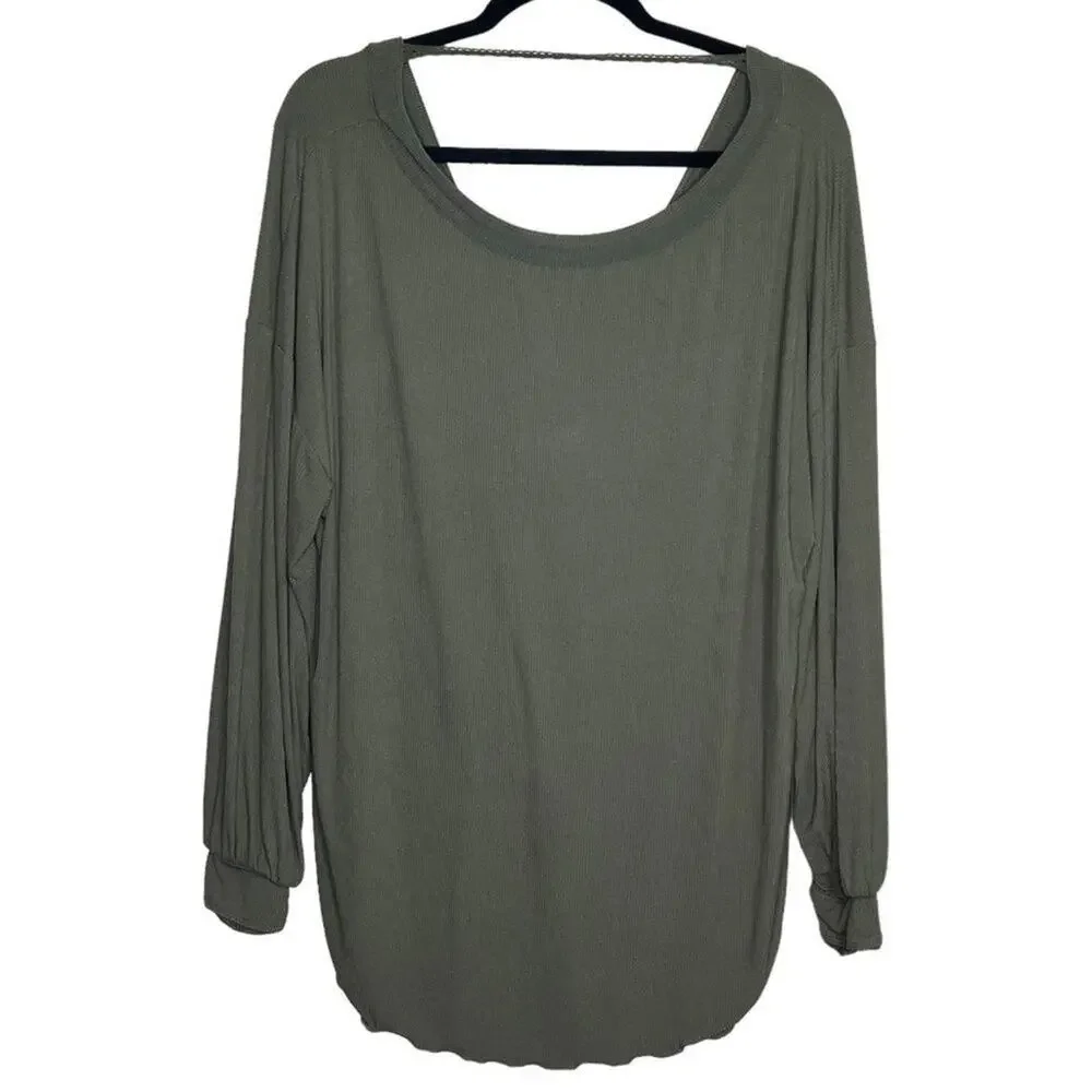 Free People Olive Green Open Back Top Ribbed Boho Twist Back Long Sleeve Small